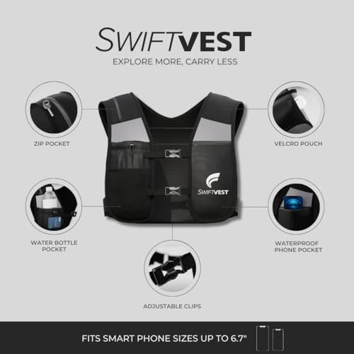 SWIFTVEST Running Phone Holder Vest with 500ml/17oz Running Water Bottle | Waterproof Pouch | Reflective Hydration Vest | Adjustable | Lightweight | 6 Pockets for Running Accessories - Men & Women