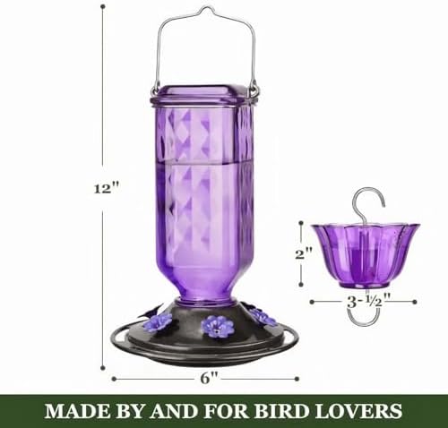 Glass Hummingbird Feeder Hanging Hummingbird Feeders for Outdoors Leak Proof Base Feeder with Ant Moat Bee Proof 6 Feeding Ports for Outside Garden Decor Backyard Gifts for Women Mom (Purple)