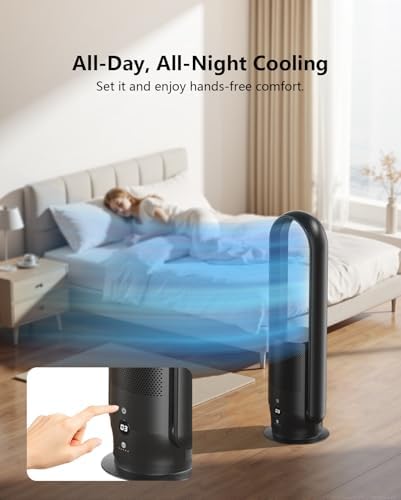ULTTY Bladeless Tower Fan with HEPA Filter, 90° Oscillating Tower Fan, Remote Control, Touch, 8H Timer, 9 Speeds, Powerful Floor Fan for Bedroom Room Home Office, CR022, Black