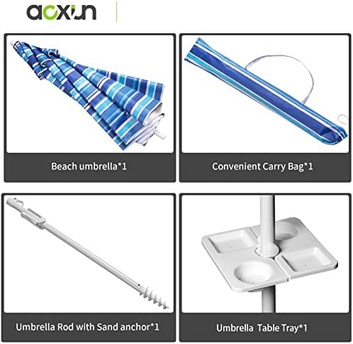 Aoxun 6.5ft Beach Umbrella with Tray and Tilt Pole Portable Patio Umbrella with Sand Anchor and Carry Bag Outdoor UPF 50+ Sun Shelter with Air Vents Design (Navy Blue)