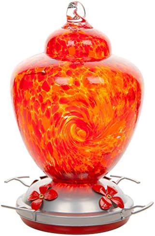 REZIPO Hummingbird Feeder with Perch - Hand Blown Glass - Red - 38 Fluid Ounces Hummingbird Nectar Capacity Include Hanging Wires and Moat Hook