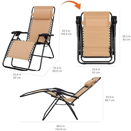 Amazon Basics Outdoor Patio Zero Gravity Lounge Chair with Pillow, Folding Reclining and Textilene Adjustable, Folding Lounge Lawn Chairs for Outside, 26", Beige