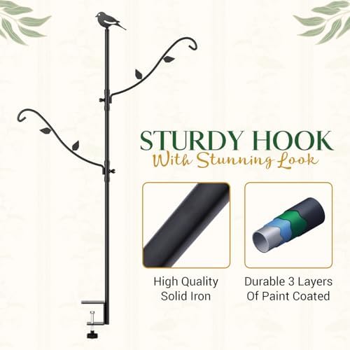 Idzo 42-Inch Adjustable Double Deck Hook for Railing, Shepherds Hooks for Outdoor Heavy-Duty with 3-Layer Coating, 5 Pounds Capacity Per Arm, Rust-Resistant Iron, Ideal for Bird Feeders and Planters