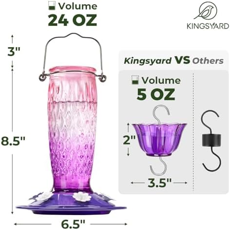 Kingsyard 2 Pack Glass Hummingbird Feeders for Outdoors Hanging, Wild Bird Nectar Feeder with 6 Feeding Ports, 24 oz Leak-Proof, Pink & Purple (Ant Moat Included)