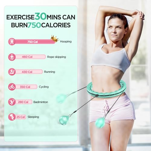 APzek 32 Knots Weighted Exercise Hoop Detachable & Adjustable for All People, No Falling Plus Size Smart Huula Hoop, 2 in 1 Abdomen Fitness Massage with Spinning Ball - Green