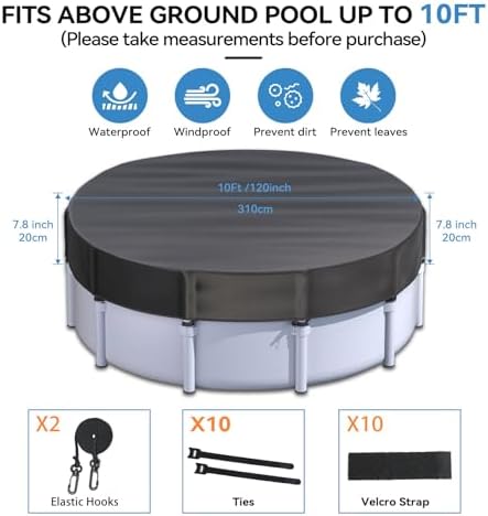10 ft Round Pool Cover for Metal Frame Above Ground Pools, Winter Pool Cover - Upgraded Windproof Design Compatible with Intex/Bestway Frame Above Ground Outdoor Swimming Pool (Black)