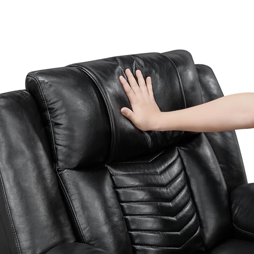 Lexicon Power Recliner Chair, Faux Leather Upholstered Home Theater Seating with LED Lighting, USB Charging Ports, Single Wall Hugger Reclining Chair for Living Room/Bedroom Easy Assembly, Black