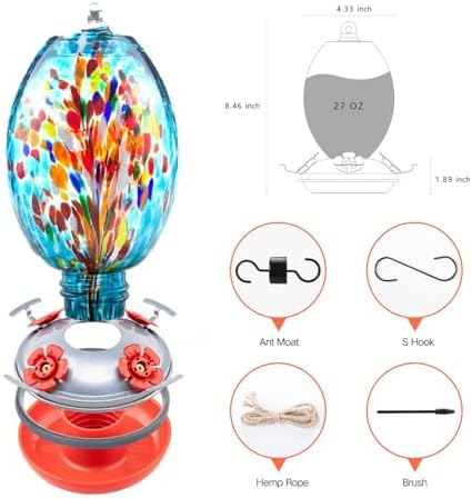 Muse Garden Glass Humming Bird Feeders for Outdoors - 27OZ Blown Glass Hummingbird Feeder - Unique Gift for Mom Women, Outdoors Hanging Garden Decor, Includes Ant Moat & Brush, Blue Fireworks