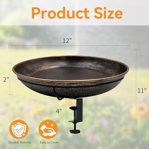 Deck Mounted Bird Bath, Easy to Clean12 Detachable Bath Bowl, Metal Birdbath for Outside with Sturdy Adjustable Clamp for Railing Balcony Fence Outdoor Decor 0.7 Gallon