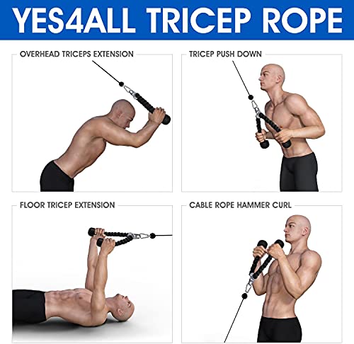 Yes4All Deluxe Tricep Rope Cable Attachment, 27 & 36 inch with 4 Colors, Exercise Machine Attachments Pulley System Gym Pull Down Rope with Carabiner, Black
