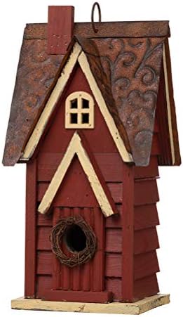 Glitzhome Solid Wood Distressed Cottage Garden Birdhouse Hanging Bird House for Outdoors 12" H,Red
