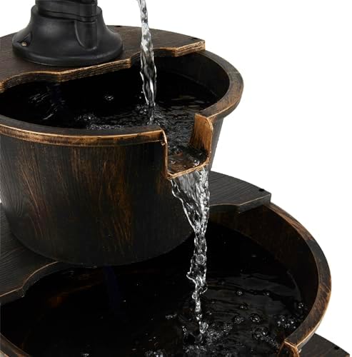 Alpine Corporation TEC234BR Outdoor Floor Tiered Rustic Pump and Barrel Water Fountain, Old-Fashioned Waterfall, 40", Brown