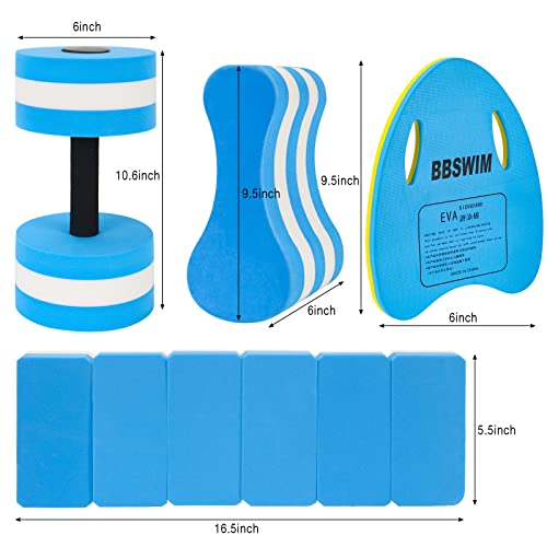 NEAGLORY 5 Pieces Water Aerobics Set Aquatic Exercise Set Pool Fitness Equipment Foam Water Dumbbell, Swim Kickboard, Pull Buoy, Aquatic Swim Belt for Water Exercise, Blue