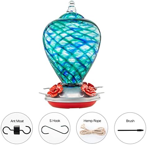 Hummingbird Feeders, 34OZ Hand Blown Glass Hummingbird Feeder for Outdoors Hanging with Ant MoatHooks, Perfect for Gardening Yard Patio Decor Gifts (Blue Mermaid)