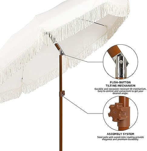 AMMSUN 7ft Patio Umbrella with Fringe Outdoor Tassel Umbrella UPF50+ Premium Steel Pole and Ribs Push Button Tilt, Cream White
