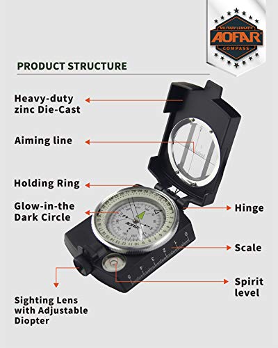 AOFAR Military Compass AF-4580 Black Lensatic Sighting Navigation, Waterproof and Shakeproof with Map Measurer Distance Calculator, Pouch for Camping, Hiking, Hunting, Backpacking