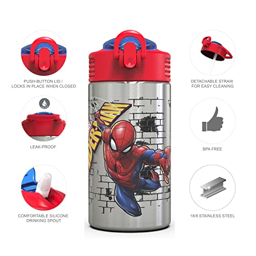 Zak Designs Stainless Steel One Hand Operation Lid and Built-in Carrying Loop Water Bottle with Straw Spout is Perfect for Kids (15.5 oz, BPA Free), 1 Count (Pack of 1), Spiderman