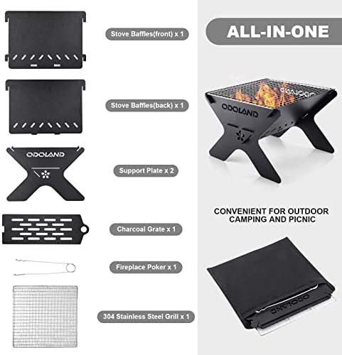 Odoland Camping Campfire Grill, Portable Folding Charcoal Grills, Backpacking BBQ Grill, Heavy Duty Firepit Grill with Carry Bag for Outdoor Cooking, Bonfire, Patio, Backyard
