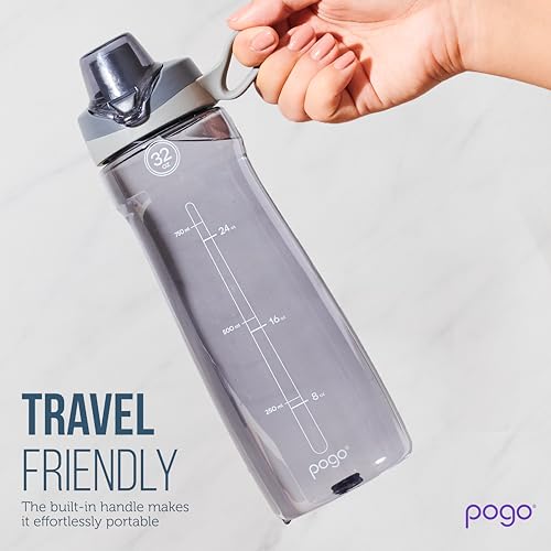 Pogo BPA-Free Tritan Plastic Water Bottle with Soft Straw, 32 Oz, Grey