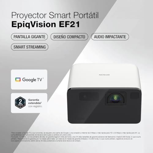 Epson EpiqVision Mini EF21 Portable Smart Laser Projector, Bright 1,000 Lumens, FHD 1080p HDR, 3-Chip 3LCD, Google TV, Netflix, Stereo Speakers, Family Party/Outdoor Backyard/Home Theater - White