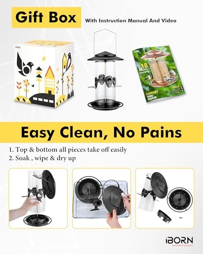 iBorn Metal Bird Feeder for Outside Hanging,Wild Bird Feeders for Cardinal,18cm Large Roof&Tray Black 10 Port(Seed is not Included)