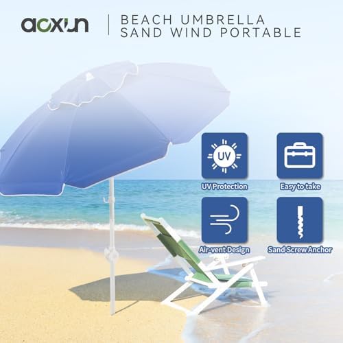 Aoxun Portable Umbrella with Stand, 6.5ft Sun Shade Umbrella with Stand, Lightweight Adjustable Standing with Sand Anchor and Carry Bag, Instant Sun Protection, Easy to Carry, Blue