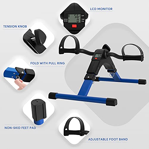 Folding Pedal Exerciser Mini Exercise Bike Portable Foot Peddler Desk Bike Arm and Leg Peddler Machine with LCD Monitor(Blue)
