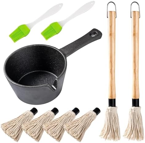 BBQ Mop Brush and Cast Iron Sauce Pot Set, 11-in-1 Value Pack includes 2Pcs Wooden Long Handle, 6 Brush Heads, 1 Cast iron BBQ Pan and 2 Silicone Brushes for Grilling all Types of Ingredients