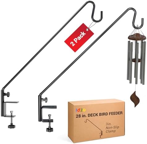 Idzo Deck Bird Feeder Hanger for Railing, 28inch Deck Hook for Bird Feeder Pole, Durable 3 Layers Powder Coated & Sturdy 1 Piece Solid Steel Construction for Hanging Decorations, 2 Pack