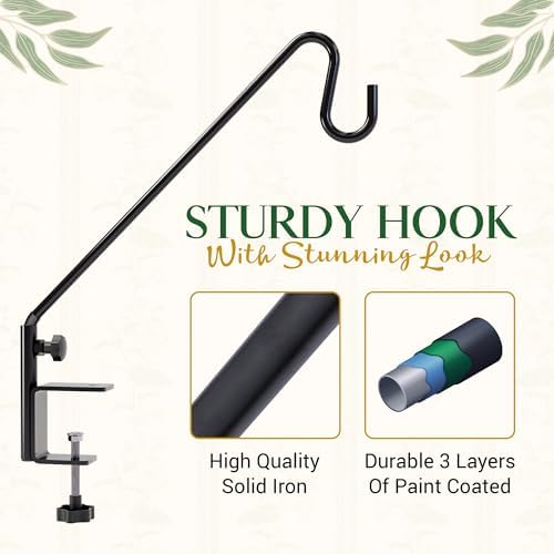Idzo 18 Inch Railing Hook, Deck Hook for Bird Feeder Pole, Durable 3-Layer Powder Coated Steel, Shepherds Hooks for Outdoor, 360° Rotation, Sturdy Deck Railing Bracket for Hanging Decorations, Black