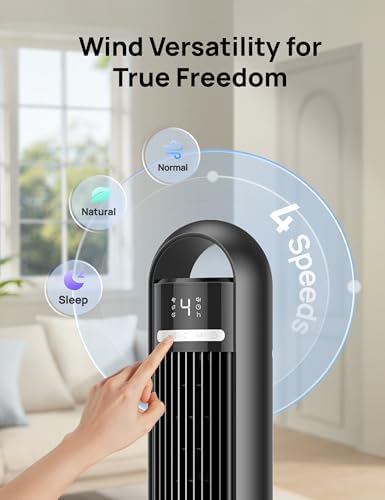 Dreo Tower Fan for Bedroom, 90Β° Oscillating Standing Fans for Room with 4 Speeds, 3 Modes, 28dB Quiet for Sleep, 25ft/s Velocity, 8H Timer, Remote, Living Room, Office, Home, Black, TF117