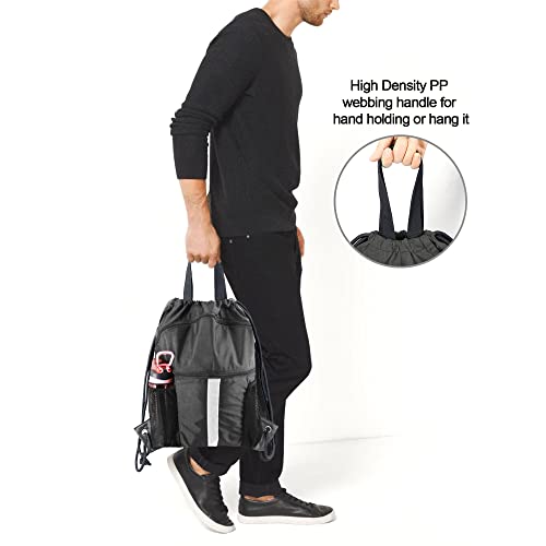 BeeGreen Green Drawstring Backpack Bag with Shoe Compartment X-Large Gym Sports String Cinch Sackpack with Front Inside Zipper Pockets 300D