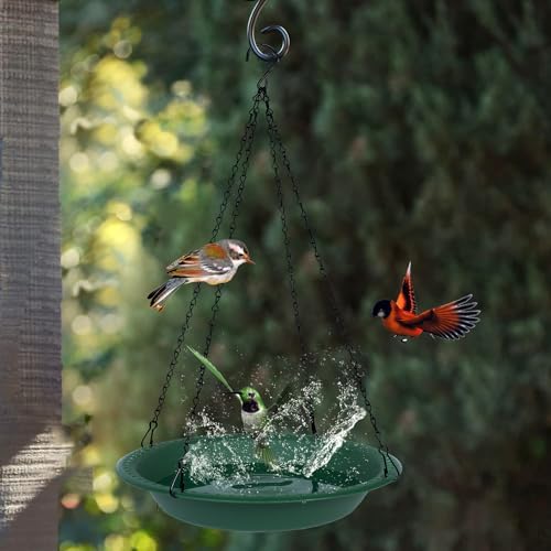 Bird Baths for Outdoors Heavy Duty, 14 inch BirdBath Bowl Only with 25” Rust-Proof Black Chains, Hanging Birds Bath Hanging Bird-Feeder for Garden Backyard Decor (Green 2 Pack)