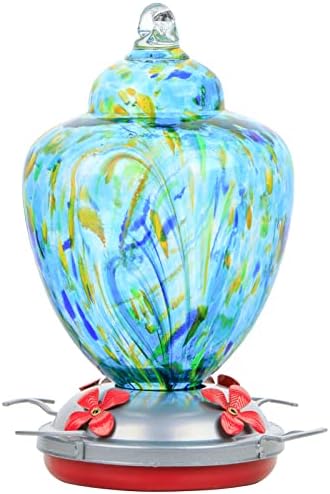REZIPO Hummingbird Feeder with Perch - Hand Blown Glass - Light Green - 38 Fluid Ounces Hummingbird Nectar Capacity Include Hanging Wires and Moat Hook
