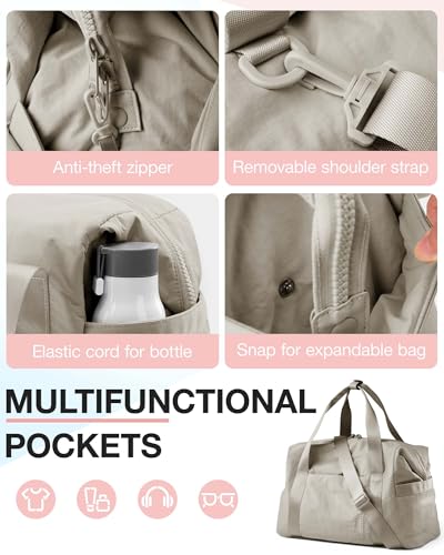 BAGSMART BAGSMART Gym Bag for Women, Carry on Weekender Overnight Bag, Travel Duffel Bags with Trolley Sleeve, Personal Item Travel Bag Tote Bag Workout Dance Bag, Beige-34L