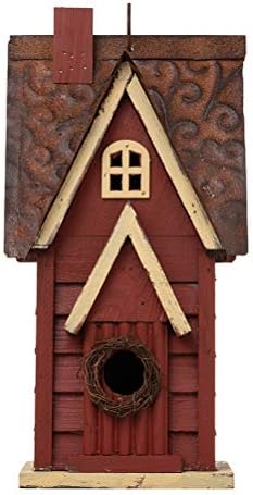 Glitzhome Solid Wood Distressed Cottage Garden Birdhouse Hanging Bird House for Outdoors 12" H,Red