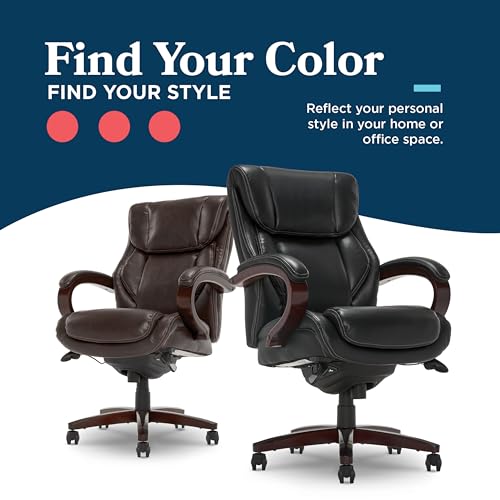 La-Z-Boy Bellamy Executive Office Chair with Memory Foam Cushions, Real Wood Arms and Swivel Base, Waterfall Seat Edge, Faux Bonded Leather, Black