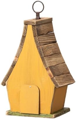 Glitzhome Bird Houses for Outside, Bluebird Houses for Outdoors, 9.5"H Hanging Bird House Decorative Solid Wood Birdhouse with Natural Wood Pallet Roof for Hummingbird,Sparrow,Wren Finch,Washed Yellow