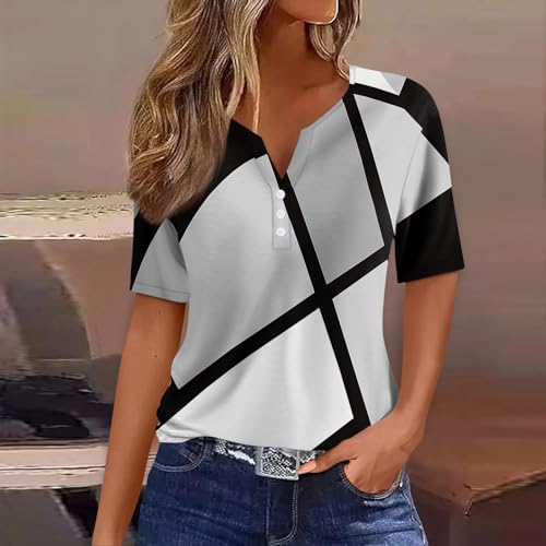 GZPINLU Day Deals Prime 2024 Today Summer Tops for Women 2024 Trendy Color Block Button V Neck T Shirts Short Sleeve Business Casual Cute Going Out Vacation Outfits Blusas Casuales De (Gray,L)