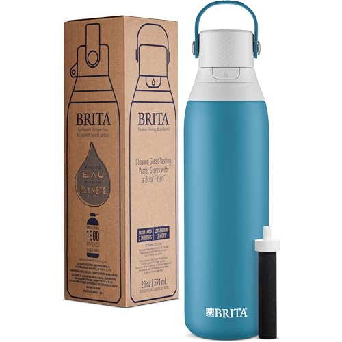 Brita Stainless Steel Premium Filtering Water Bottle, BPA-Free, Reusable, Insulated, Replaces 300 Plastic Water Bottles, Filter Lasts 2 Months or 40 Gallons, Includes 1 Filter, Carbon - 20 oz.