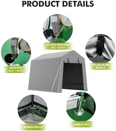 6 x 8 ft Carport Storage Shed, Portable Garage with Roll-up Zipper Door, Heavy Duty Waterproof Tarp, Storage for Motorcycle, Bike, Firewood, Garden Tools