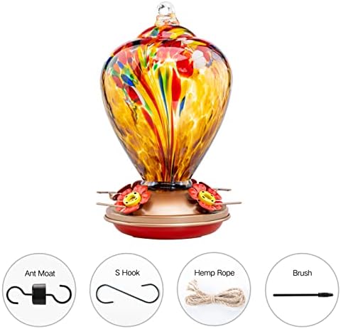 Hummingbird Feeder, 34OZ Hand Blown Glass Hummingbird Feeders for Outdoors Hanging, 4 Feeding Perch with Ant Moat Leakproof, Garden Yard Decor Gifts for Women Mom (Golden Balloon)