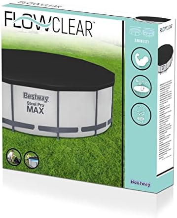 Bestway Flowclear PVC Round 12 Foot Pool Cover for Above Ground Frame Pools with Drain Holes and Secure Tie-Down Ropes, Black (Cover Only)