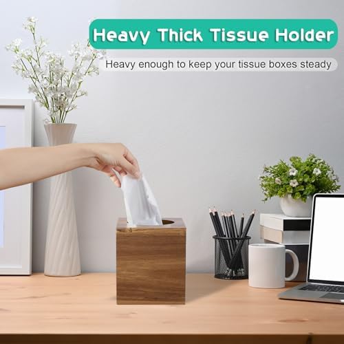 ALELION Tissue Box Cover Square - Acacia Wood Tissue Box Holder for Tabletop Night Stands Bathroom Office - Decorative Facial Cube Tissue Box Cover for Modern Farmhouse Decor