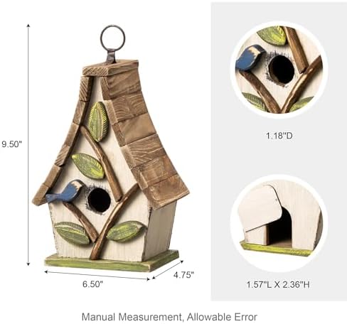 Glitzhome Bird Houses for Outside, 9.5" H Hanging Bird House Distressed Solid Wood Decorative Garden Birdhouse for Outdoors with Natural Wood Pallet Roof and 3D Tree,Washed White