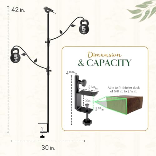 Idzo 42-Inch Adjustable Double Deck Hook for Railing, Shepherds Hooks for Outdoor Heavy-Duty with 3-Layer Coating, 5 Pounds Capacity Per Arm, Rust-Resistant Iron, Ideal for Bird Feeders and Planters