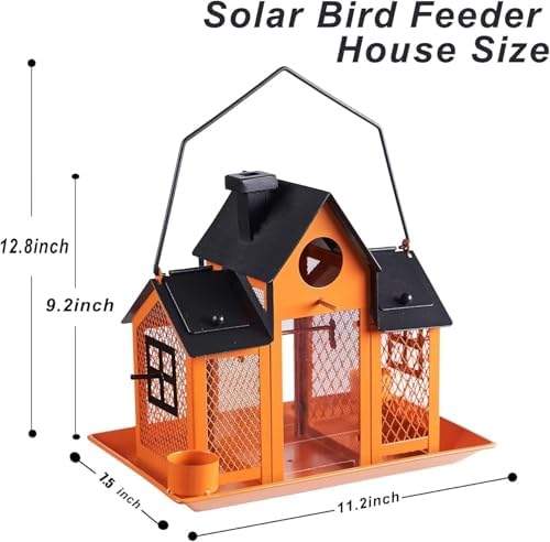 Solar Bird Feeders House for Outside Hanging, Metal Wild Bird Feeder for Outdoors, Large Cardinal Bird Feeder Birdhouses Orange