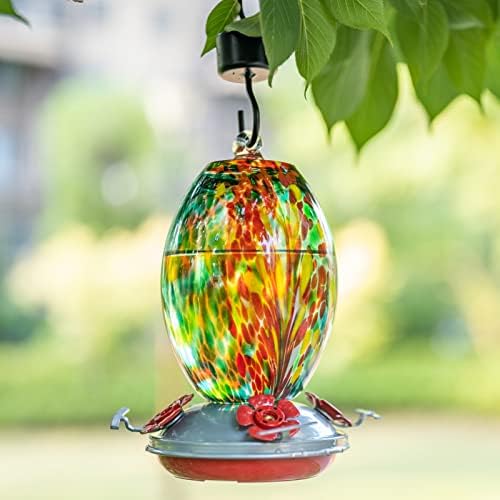 Muse Garden Glass Humming Bird Feeders for Outdoors - 27OZ Blown Glass Hummingbird Feeder - Unique Gift for Mom Women, Outdoors Hanging Garden Decor, Includes Ant Moat & Brush, Emerald Peacock