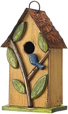 Glitzhome 9.7" H Hanging Birdhouse for Outdoor Patio Garden Decorative Pet Cottage Distressed Wooden Birdhouse, Leaves Rustic Yellow