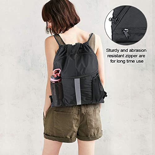 BeeGreen Red Drawstring Backpack Bag with Shoe Compartment X-Large Gym Sports String Cinch Sackpack with Front Inside Zipper Pockets 75D